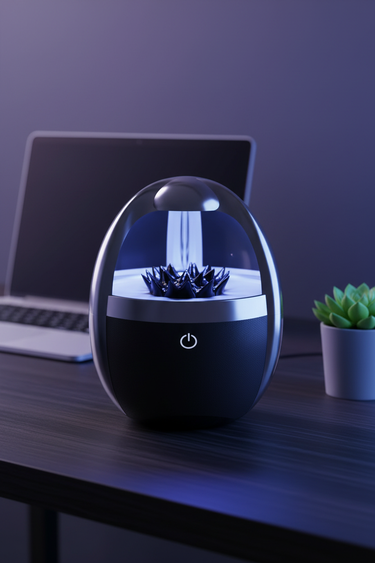 Magnetic Fluid Bluetooth Speaker lifestyle on dark minimal desk with blue ambient lighting